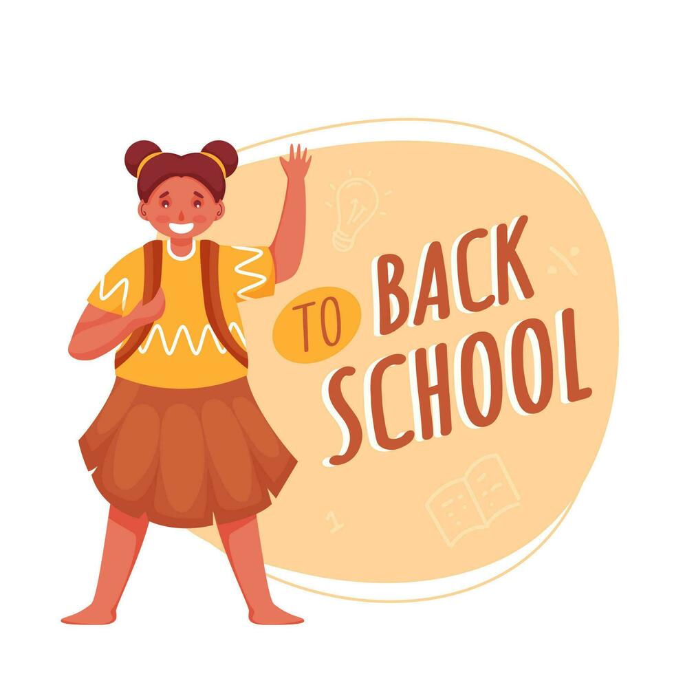 Back To School Font With Cheerful Student Girl Standing On Pastel Orange And White Background. vector