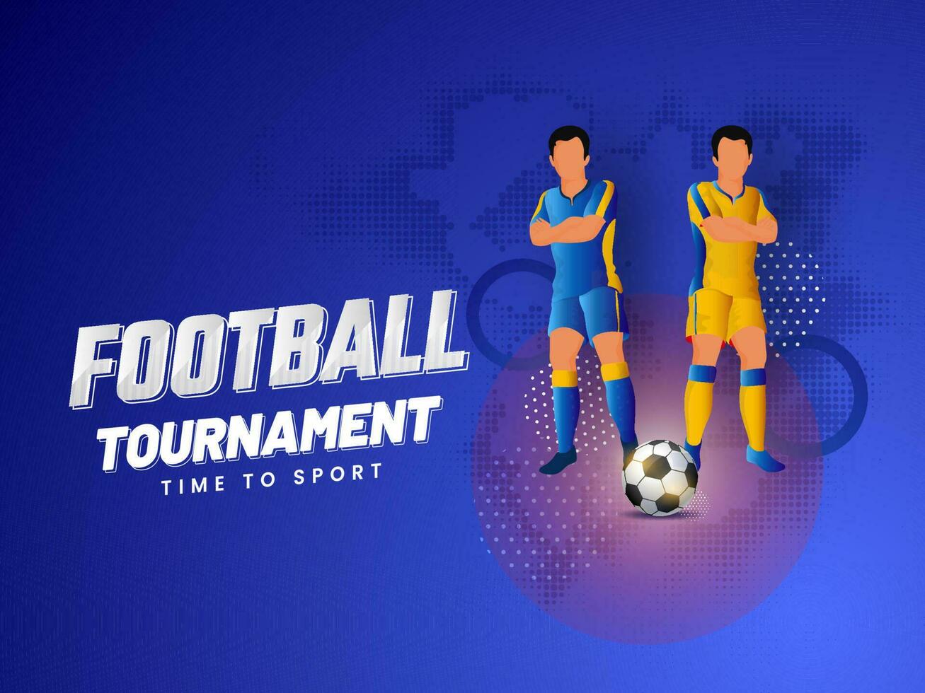 Football Tournament Concept With Faceless Footballer Players Of Participating Teams On Blue Halftone Effect Background. vector