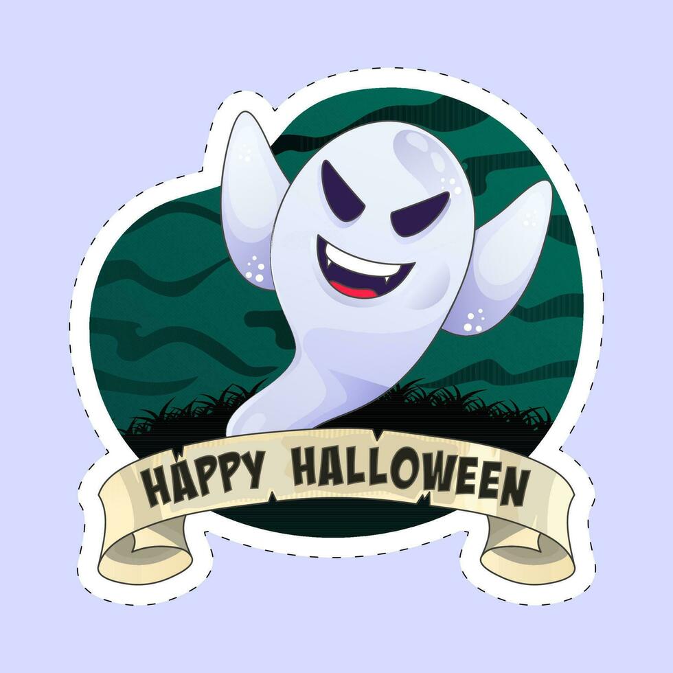 Sticker Style Happy Halloween Font With Funny Ghost On Green And Blue Background. vector