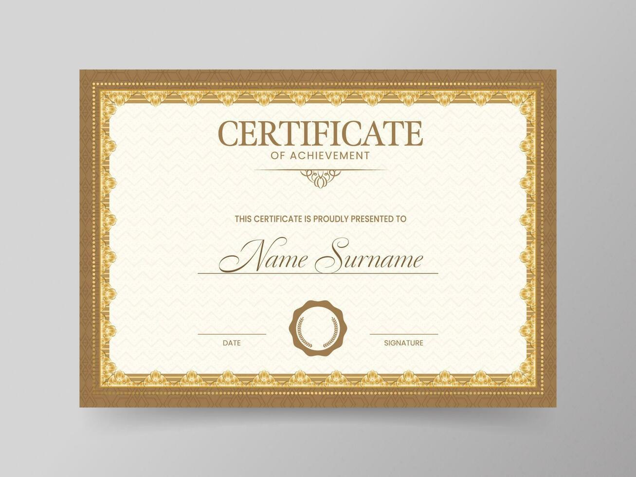 Certificate Of Achievement Template Layout In Golden Border. vector
