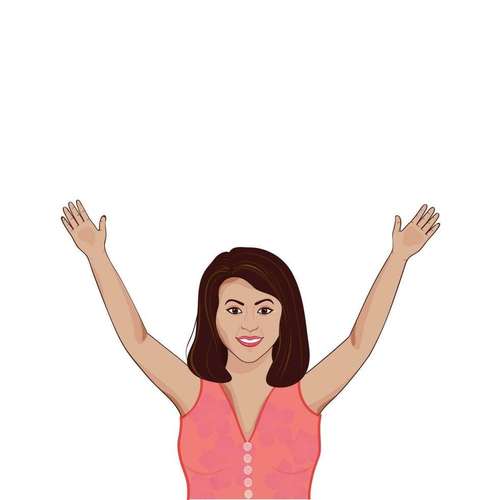 Happiness Young Lady Raising Hands Up On White Background. vector