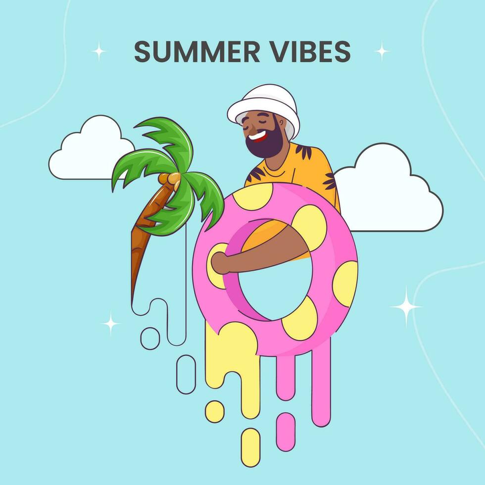 Summer Vibes Poster Design With Cheerful Man Holding Lifebuoy, Coconut Tree And Clouds On Blue Background. vector