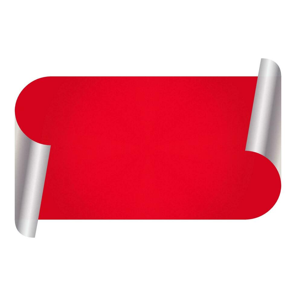 Empty Curl Paper Label Or Ribbon Element In Red And Silver Color. vector