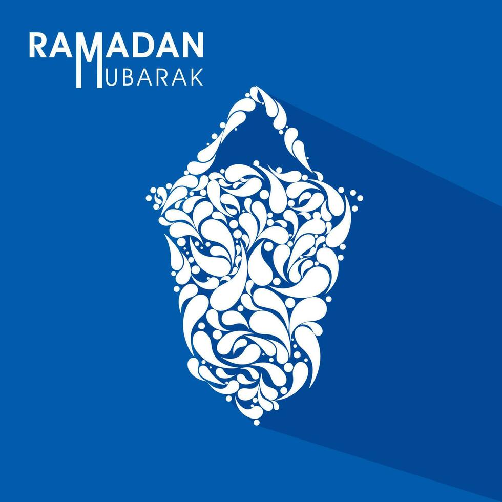 Ramadan Mubarak Greeting Card With White Arc Drops Forming Arabic Lantern Hang On Blue Background. vector