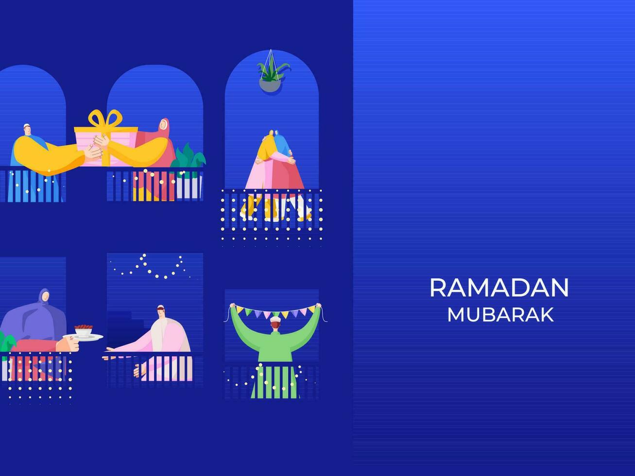 islámico personas celebrar y disfrutar con cada otro a su balcón en el ocasión de Ramadán mubarak. vector