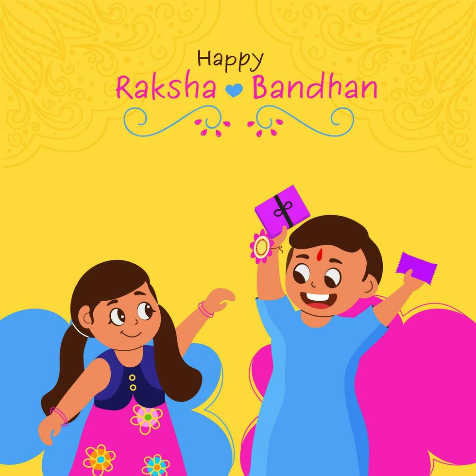 Happy Raksha Bandhan Greeting Card With Girl Trying To Snatch Gift Boxes From Her Brother On Yellow Paisley Pattern Background. vector