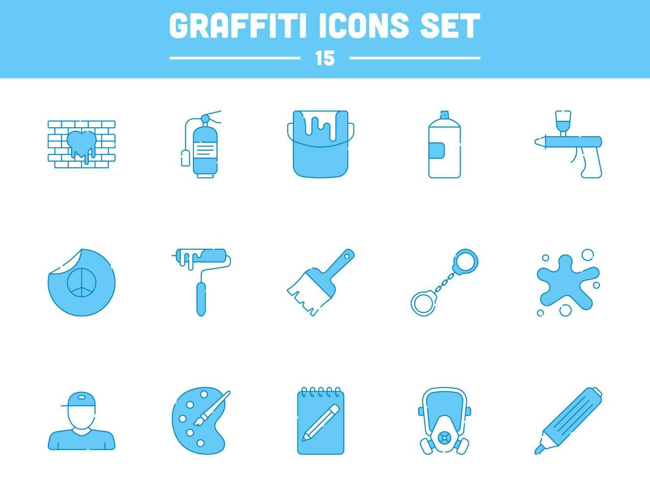 Blue And White Color Set Of Graffiti Icons In Flat Style. vector