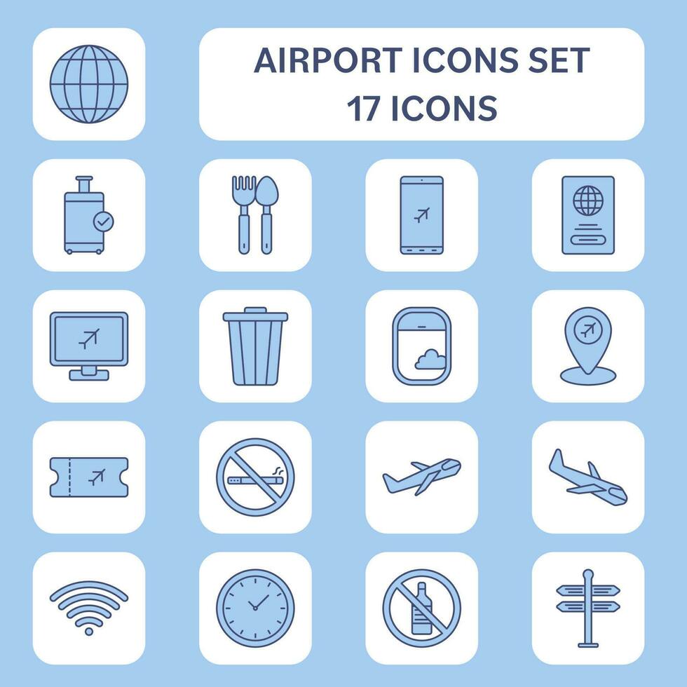 17 Airport Flat Icon Set On White And Blue Square Background. vector