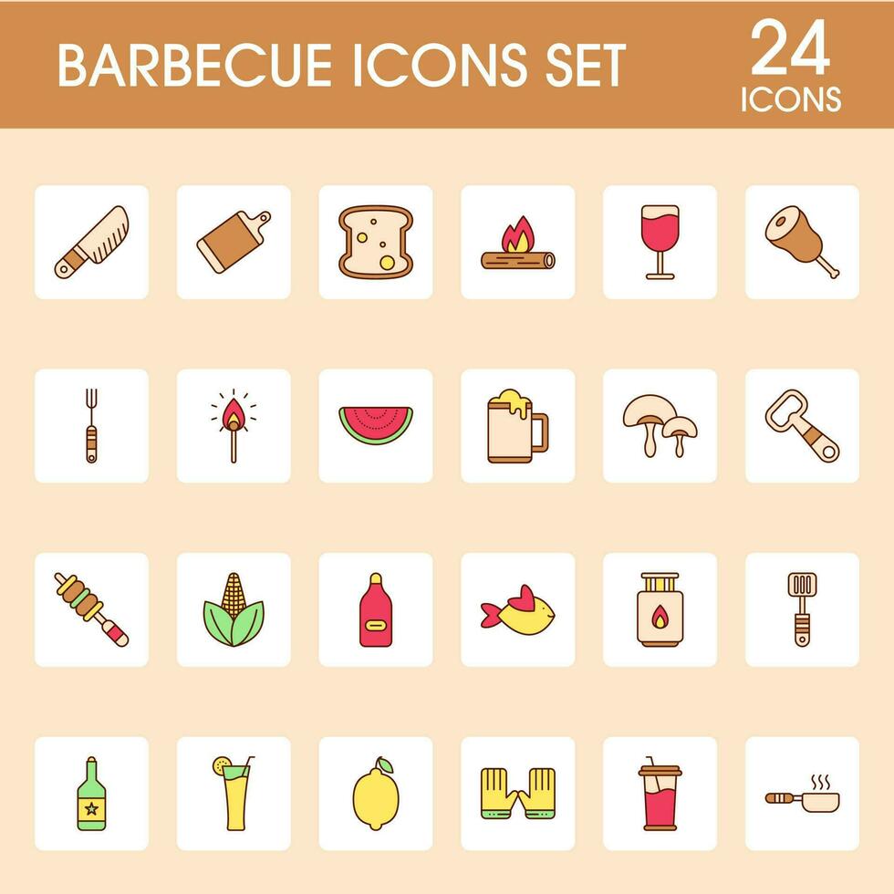 Colorful Set Of Barbecue Sqaure Icons In Flat Style. vector