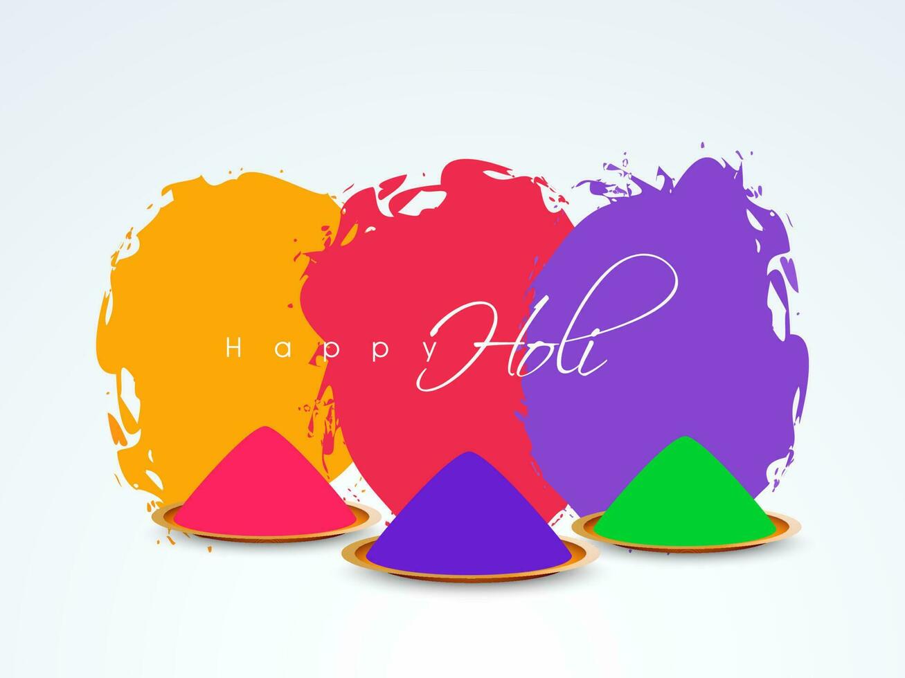 Happy Holi Celebration Concept With Plates Full Of Powder  And Brush Stroke Effect Background. vector