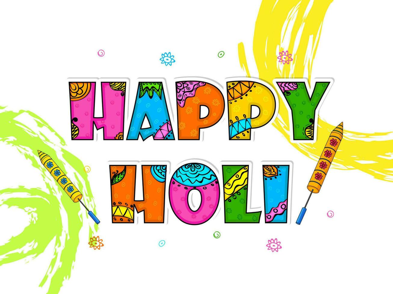 Colorful Happy Holi Font With Color Guns, Yellow And Green Brush Texture Effect On White Background. vector