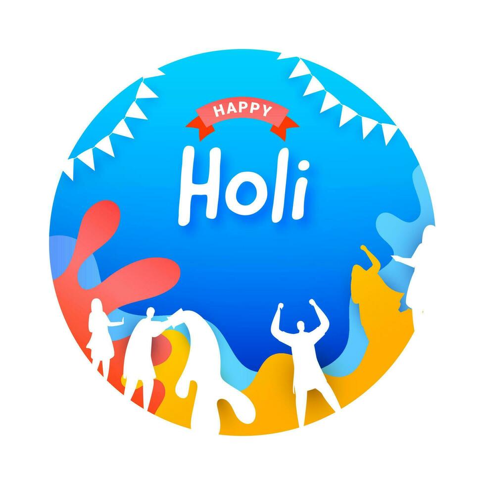 Happy Holi Celebration Concept With Silhouette People Enjoying, Paint Splash Effect On Blue And White Background. vector