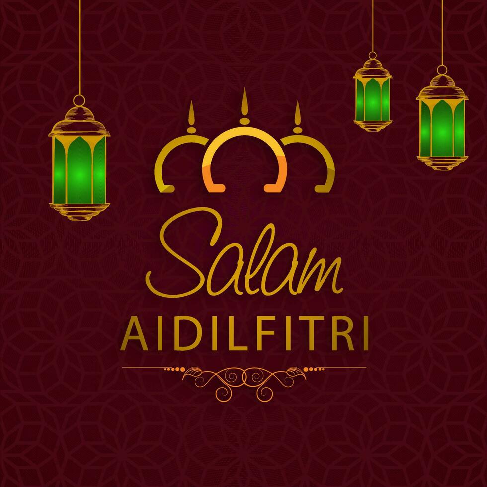 Salam Aidilfitri Font With Line Art Mosque, Realistic Lanterns Hang On Red Mandala Pattern Background. vector