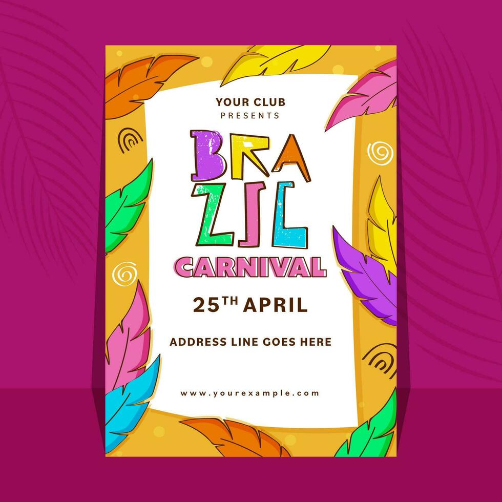 Brazil Carnival Invitation, Flyer Design Decorated With Feathers And Event Details. vector