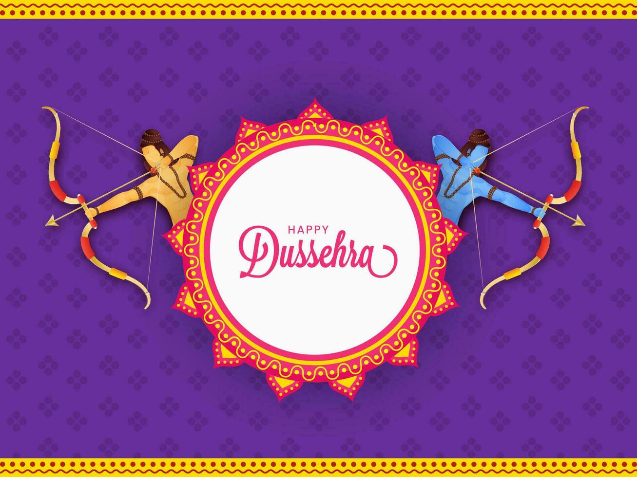 Happy Dussehra Lettering Over Mandala Frame With Hindu Mythology Lord Rama And His Brother Taking An Aim On Purple Background. vector