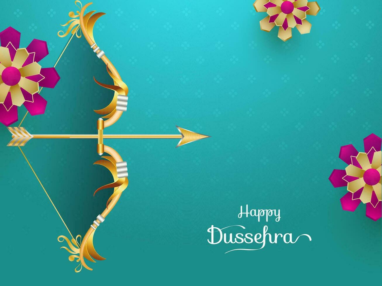 Happy Dussehra Celebration Greeting Card With Golden Archer Bow, Arrow And Floral Or Mandala On Turquoise Background. vector