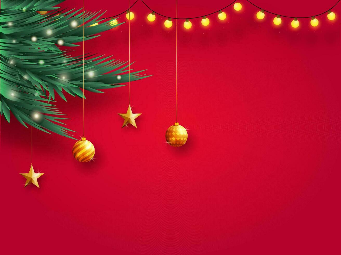 Fir Leaves With Golden Baubles, Stars, Lighting Garland Decorated On Red Background and Space for your Message, Merry Christmas Concept. vector