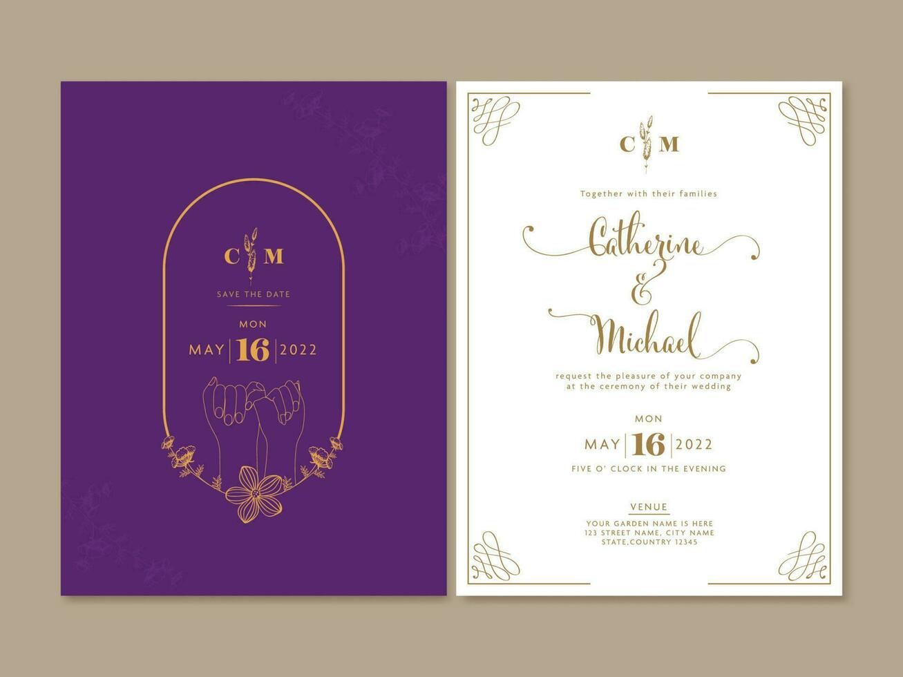 Wedding Invitation Cards With One Finger Hold Hands Of Couple In Purple And White Color. vector