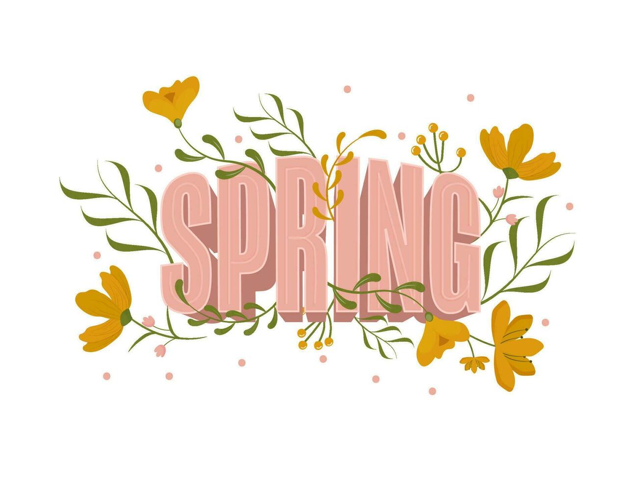 3D Pink Spring Text Decorated With Flowers, Buds And Leaves On White Background. vector