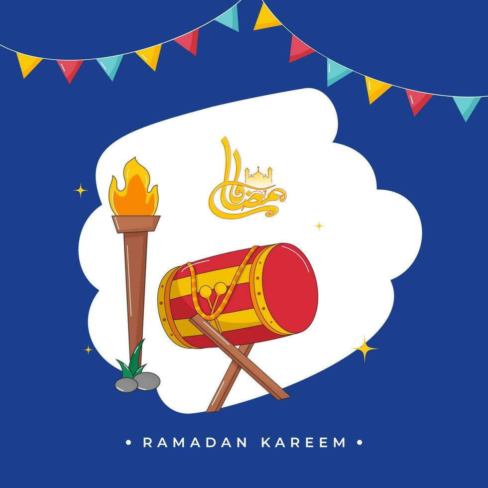 Yellow Arabic Calligraphy Of Ramadan Kareem With Fire Torch, Dhol Instrument Over Stand, Bunting Flags On White And Blue Background. vector