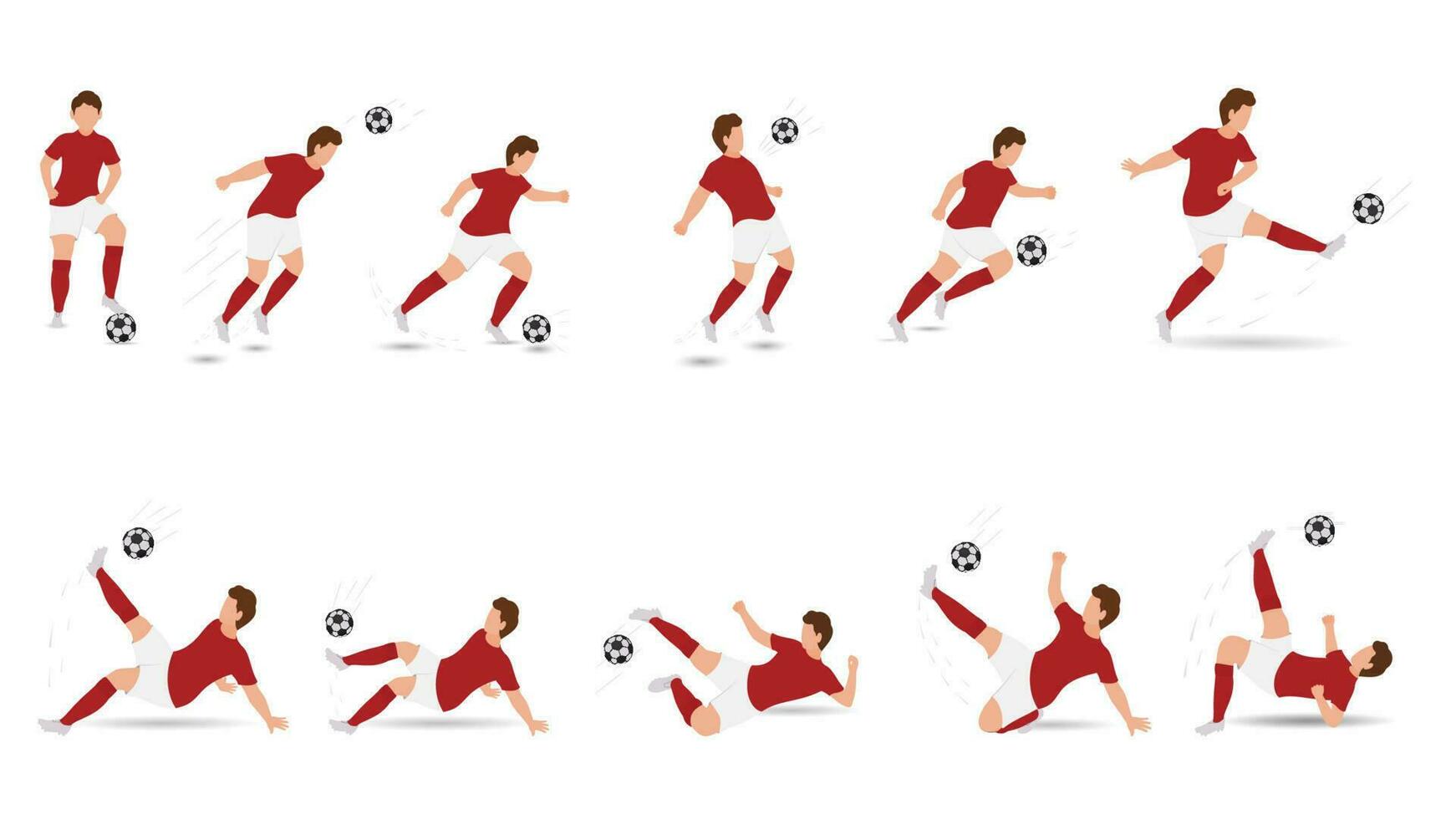 Set Of Faceless Male Soccer Player Kicking Ball In Various Poses. vector
