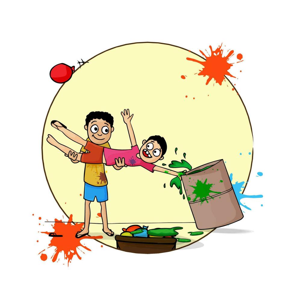 Vector Illustration Of Funny Boys Playing Holi With Barrel Full Of Liquid Colors, Balloons, Splatter Effect On Yellow And White Background With Copy Space.