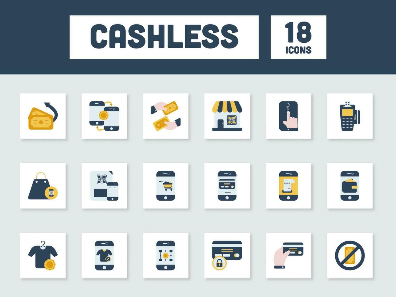 Blue And Yellow Cashless Icon Or Symbol Set In Flat Style. vector