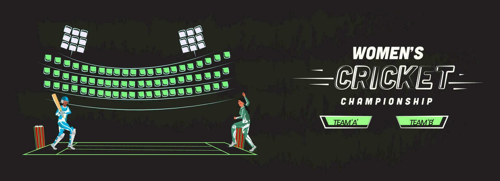 Women's Cricket Championship Banner Or Header Design With Bowler Throwing Ball To Batter Player On Black Background. vector
