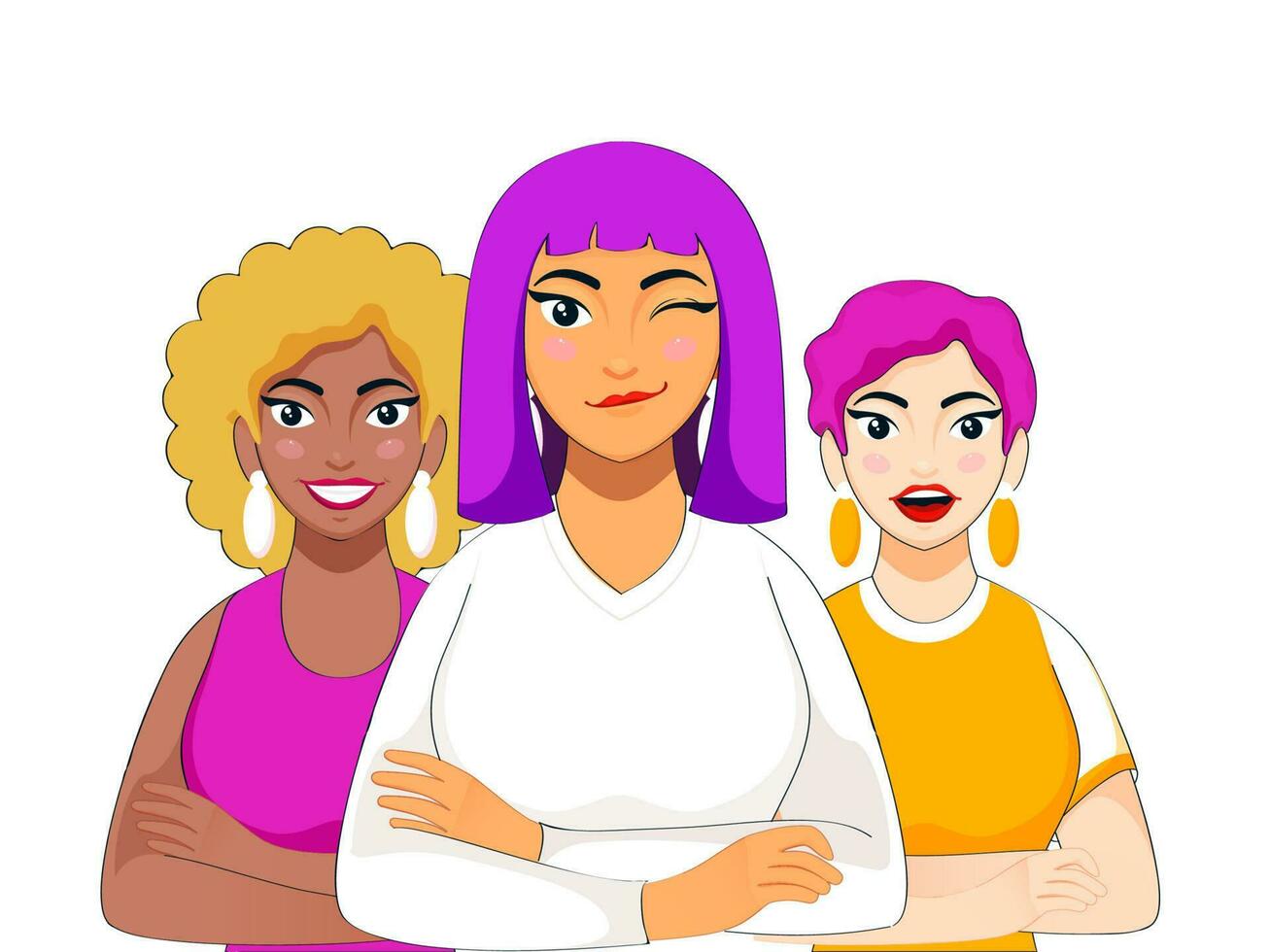 Cheerful Three Young Women Of Different Nationalities On White Background. vector