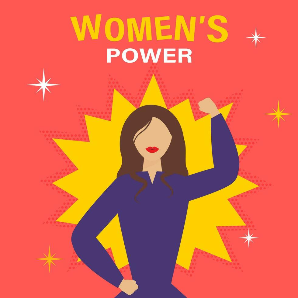 Women's Power Concept With Cartoon Strong Young Girl On Yellow And Peach Background. vector