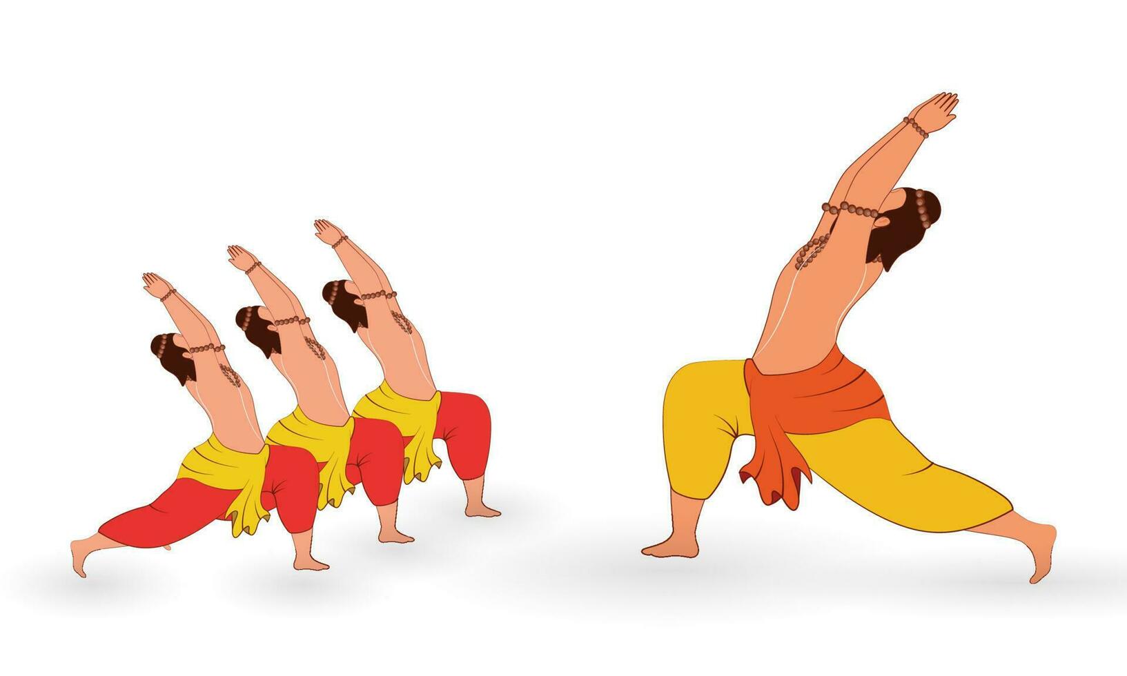 Four Indian Sage Sadhu Practicing Surya Namaskar Poses Against White Background. vector