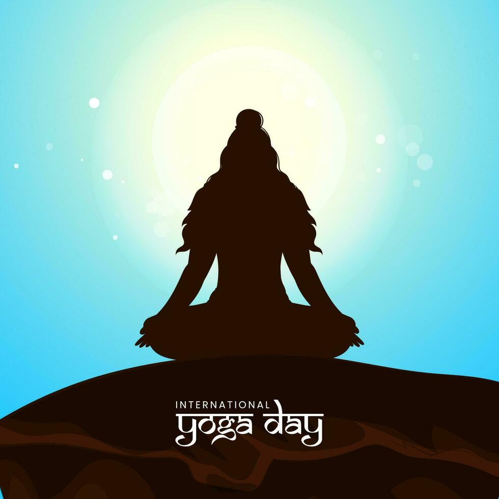 International Yoga Day Poster Design With Silhouette Lord Shiva Or Indian Sage Meditating On Sunny Blue And Brown Background. vector