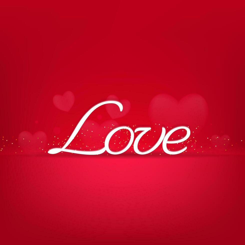 White Love Font With Golden Dots On Red Hearts Background. vector