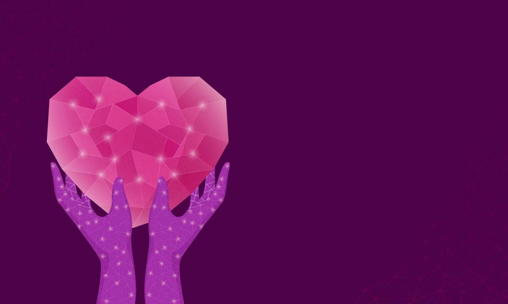 Polygon Lines Hands Holding Heart On Purple Background And Copy Space hands-holding-heart-flat-royalty-free-vector-image