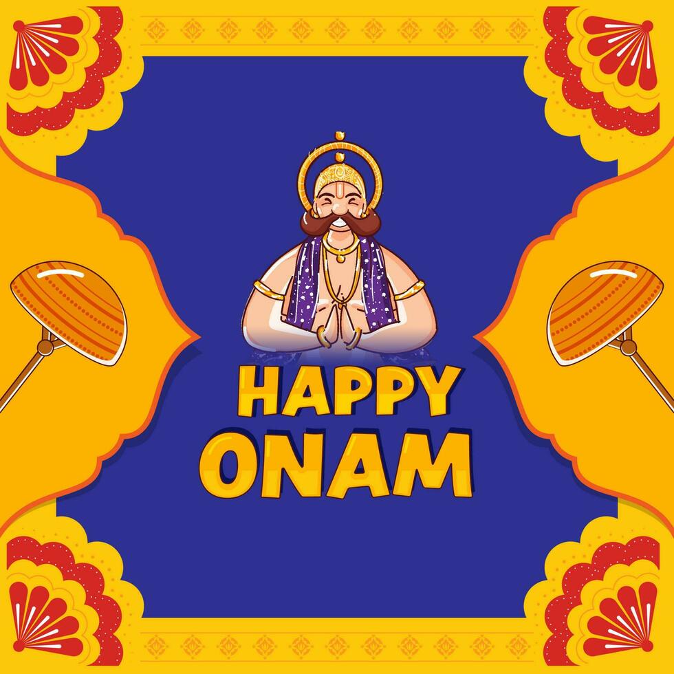 Happy Onam Celebration Background With Cheerful King Mahabali Doing Namaste. vector