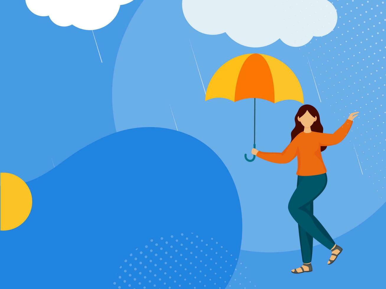 Faceless Teenager Girl Holding Umbrella On Rainy Clouds Blue Background. vector