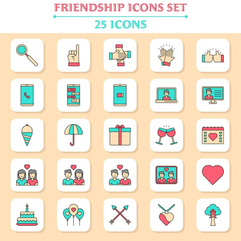 Flat Style 25 Friendship Icon Set On White And Yellow Square Background. vector