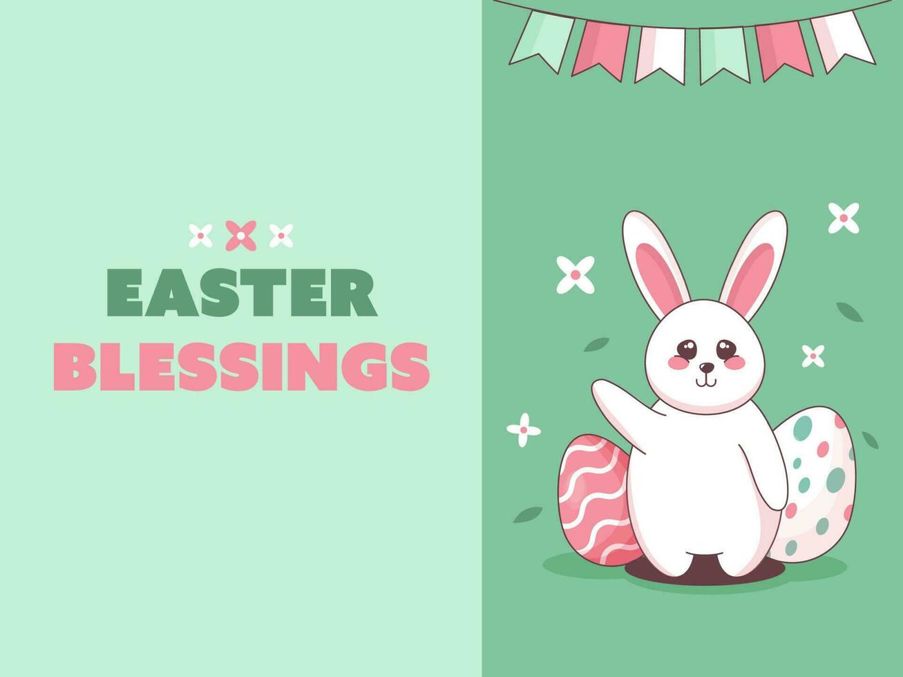 Easter Blessings Or Greeting Card With Cute Bunny, Printed Eggs, Flowers And Bunting Flags On Green Background. vector