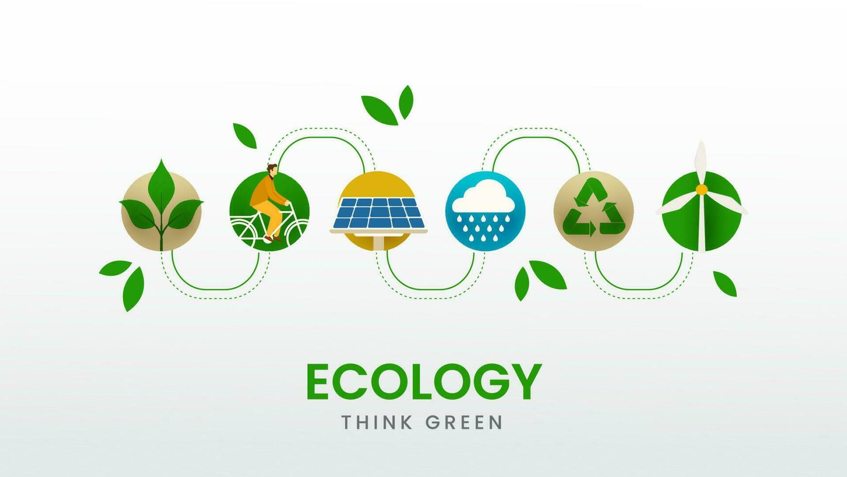 Ecology Think Green Banner Design With Planting, Cycling, Solar Panel, Rainy Cloud, Recycling, Windmill On White Background. vector