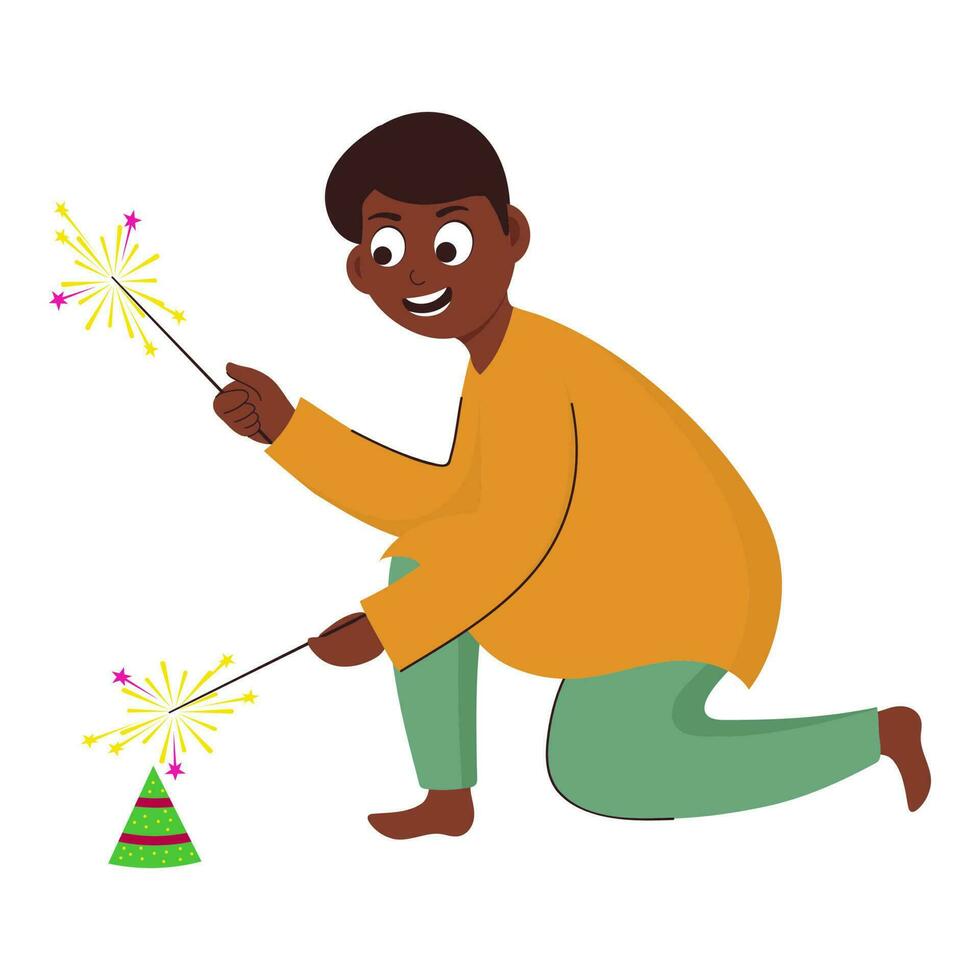 Cartoon Boy Holding Sparkling Stick With Fireworks Anar On White Background. vector