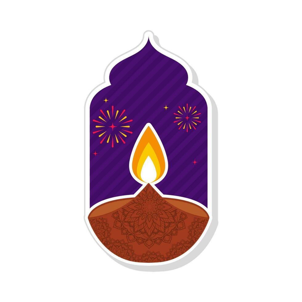 aislado pegatina de ardiente floral petróleo iluminado lámpara en contra muy lleno Fuegos artificiales púrpura puerta antecedentes. vector