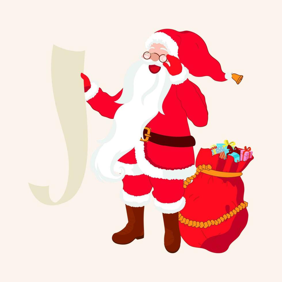 Cheerful Santa Claus Reading List With Red Sack Full Of Gift Boxes On White Background. vector