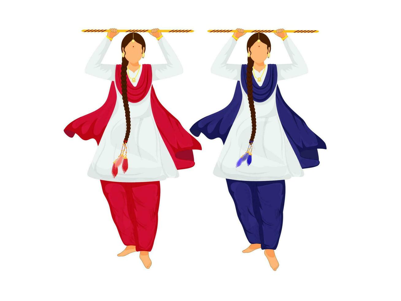 Young Punjabi Ladies Holding Wooden Sticks In Standing Pose. vector