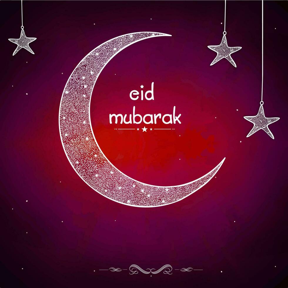 Eid Mubarak Font With Crescent Moon, Stars Decorated On Red And Purple Background. vector