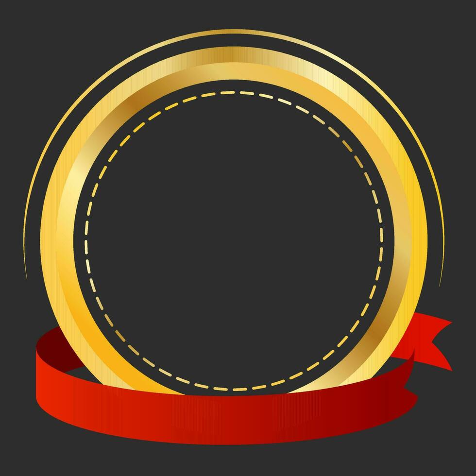 Golden Empty Round Frame With Red Ribbon On Black Background. vector