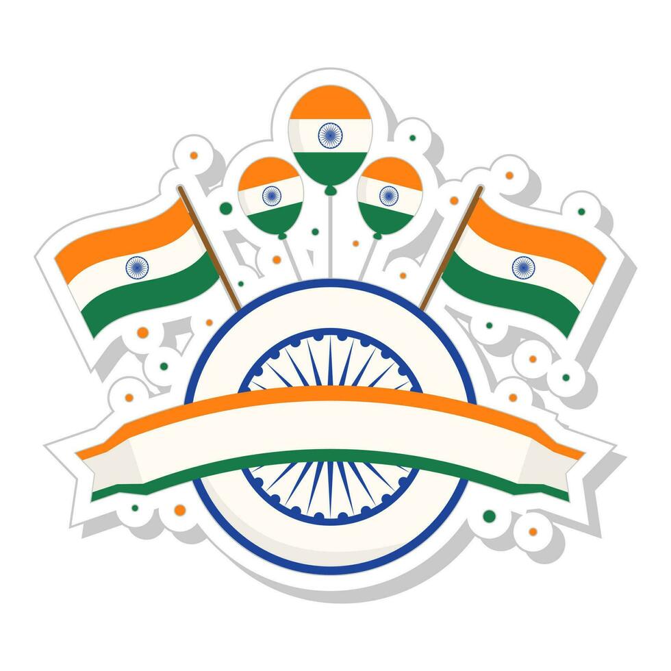 Blank Ribbon With Ashoka Chakra, Balloons And Flags In Sticker Style. vector