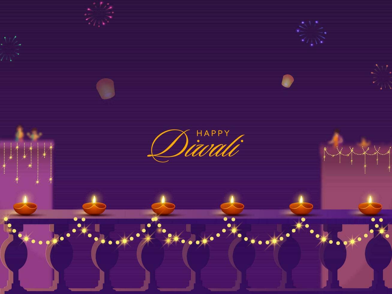 contento diwali celebracion antecedentes con edificios, balcón decorado desde iluminado petróleo lamparas y Encendiendo guirnalda. vector