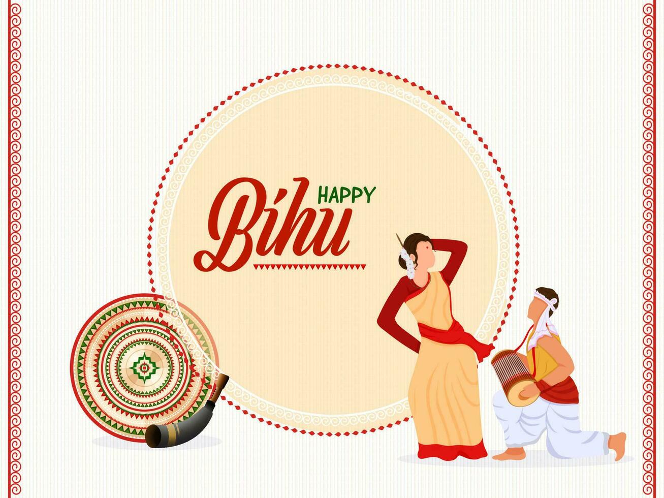 Assamese Faceless Couple Giving Performance In Traditional Attire With Music Instrument On Pastel Orange And White Stripe Background For Happy Bihu Festival. vector