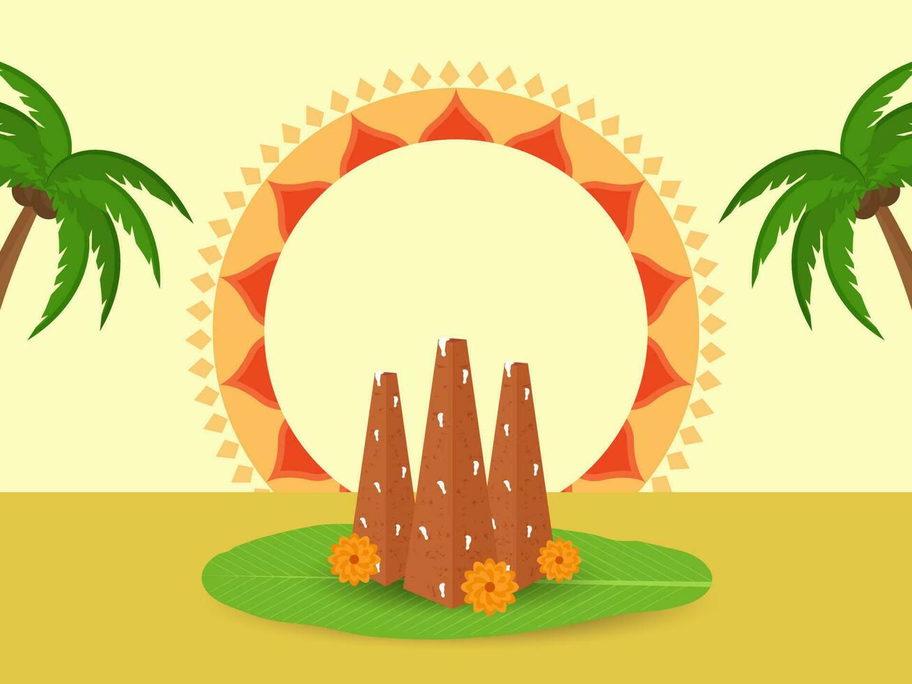 Thrikkakara Appan Idol With Flowers Over Banana Leaf, Coconut Trees And Copy Space On Yellow Background. vector