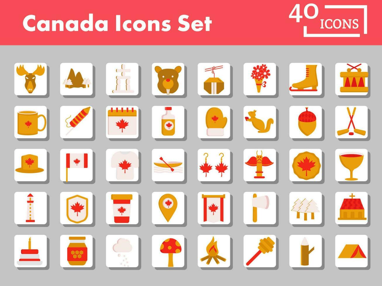 Colorful Set Of Canada Flat Icon Or Symbol On Square Background. vector